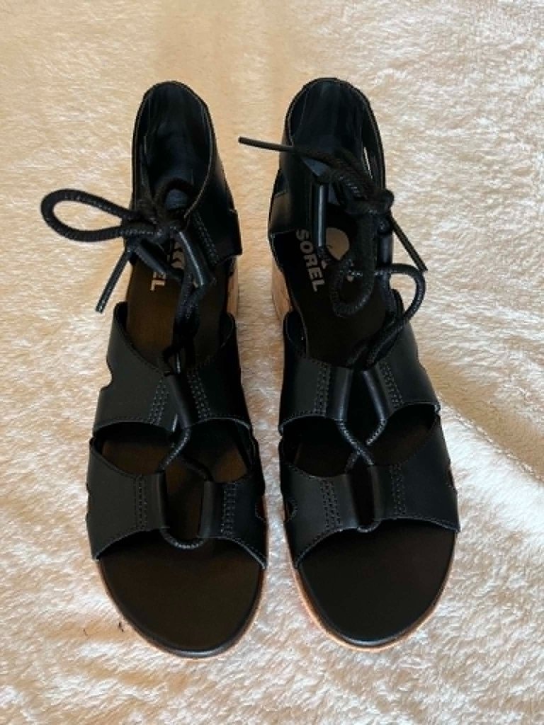 Sorel Cameron Flatform Lace Sandals Black Leather Strappy Upper Women's Size 7.5